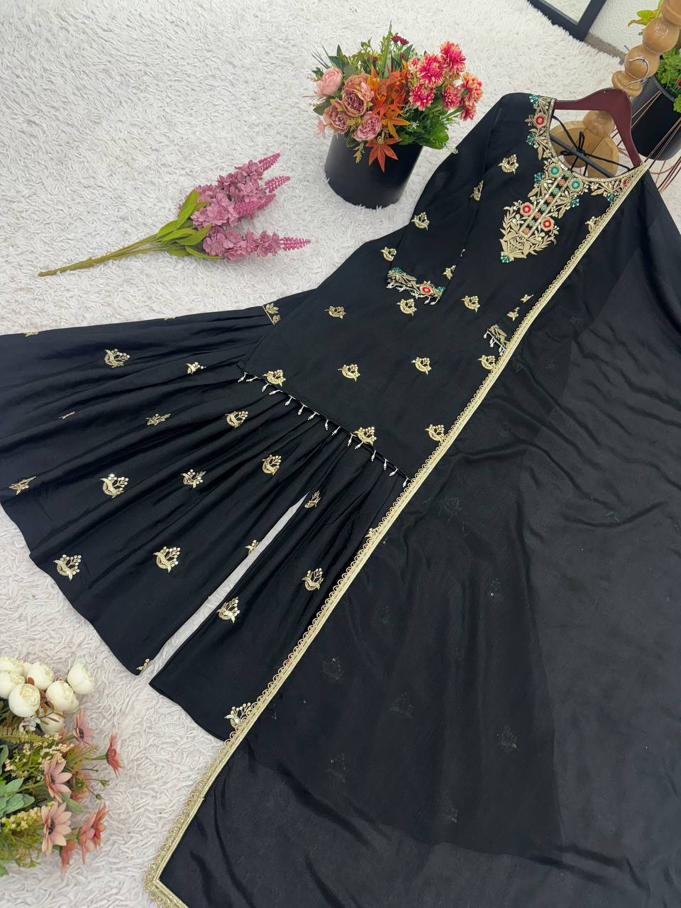 Occasion Wear Black Color Heavy Chinon Silk Embroidery Sequence Work Sharara Suit