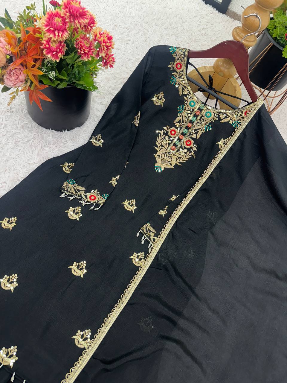 Occasion Wear Black Color Heavy Chinon Silk Embroidery Sequence Work Sharara Suit