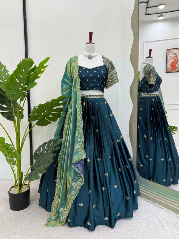 Reception Wear Teal Color Japan Satin And Thread With Sequence Work Lehenga Choli
