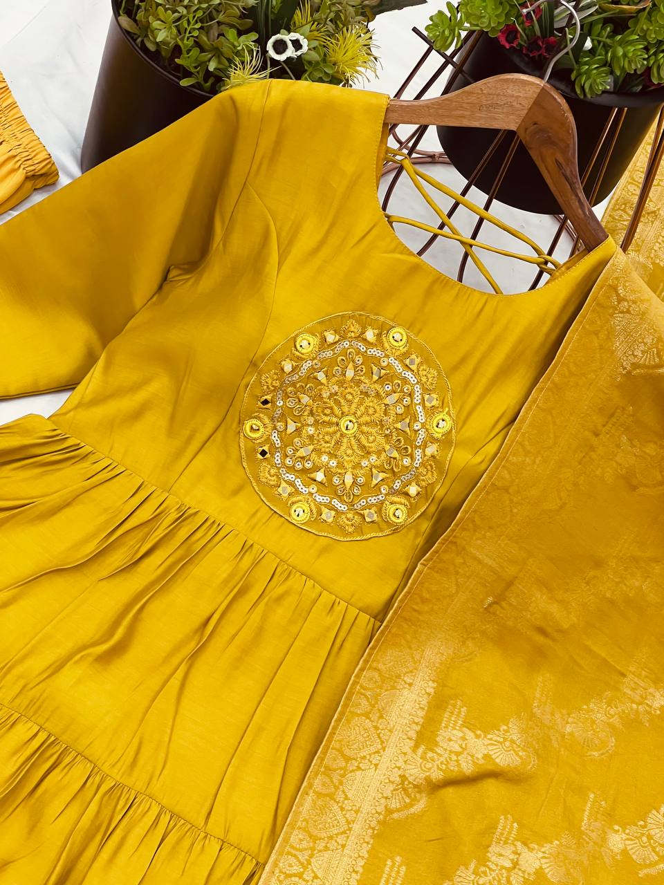 Reception Wear Yellow Color Heavy Roman Silk With Embroidery Sequence Work Anarkali Gown