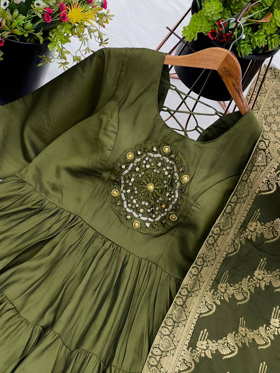 Reception Wear Mahendi Green Color Heavy Roman Silk With Embroidery Sequence Work Anarkali Gown