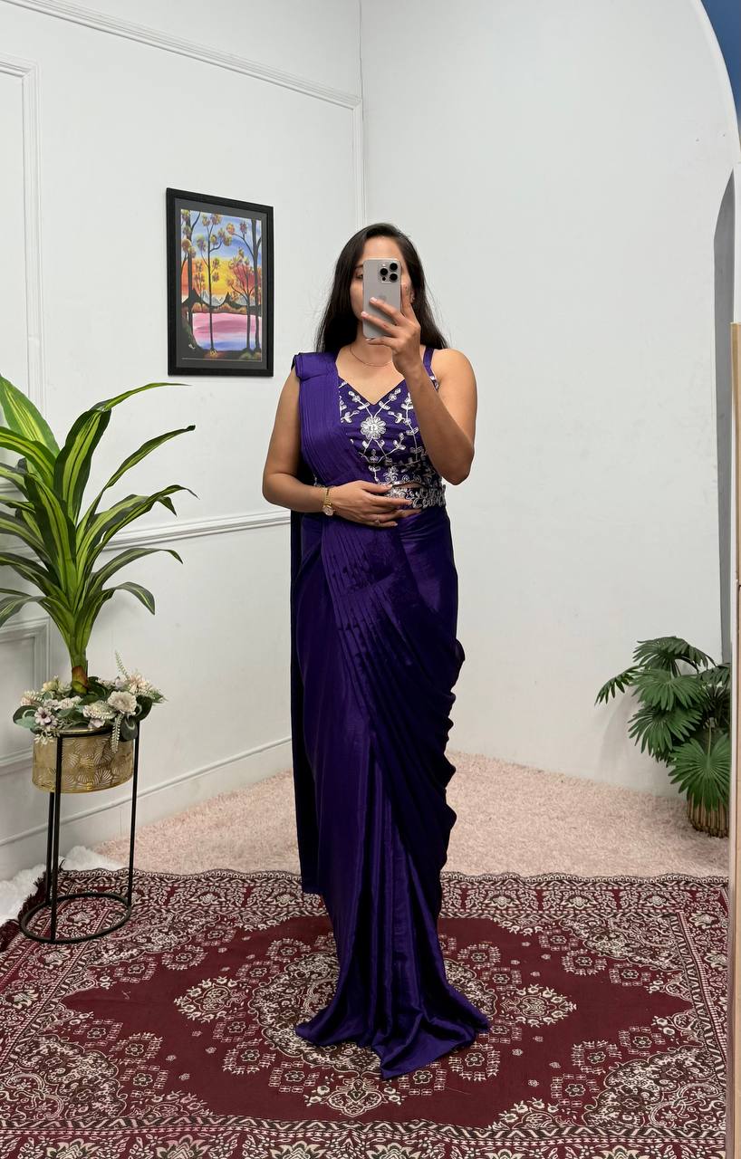 Superhit Blue Color Chinon Silk Ready To Wear Saree With Pleats And Full Koti