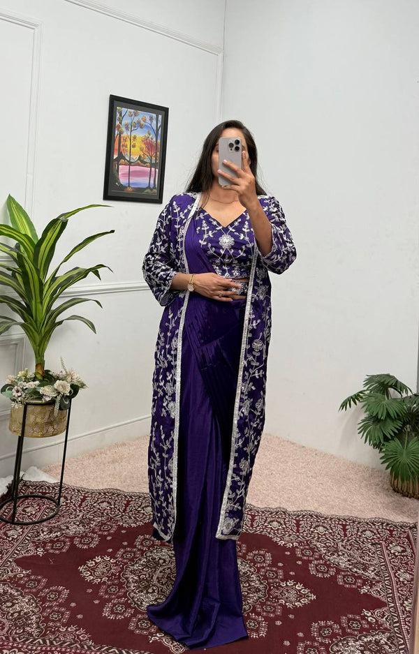 Superhit Blue Color Chinon Silk Ready To Wear Saree With Pleats And Full Koti