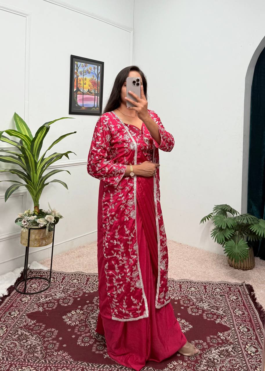 Superhit Red Color Chinon Silk Ready To Wear Saree With Pleats And Full Koti