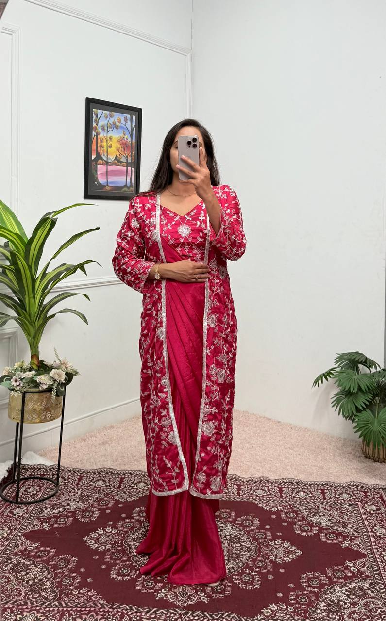 Superhit Red Color Chinon Silk Ready To Wear Saree With Pleats And Full Koti