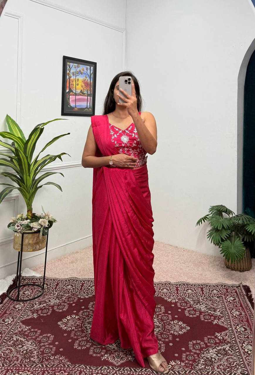 Superhit Red Color Chinon Silk Ready To Wear Saree With Pleats And Full Koti