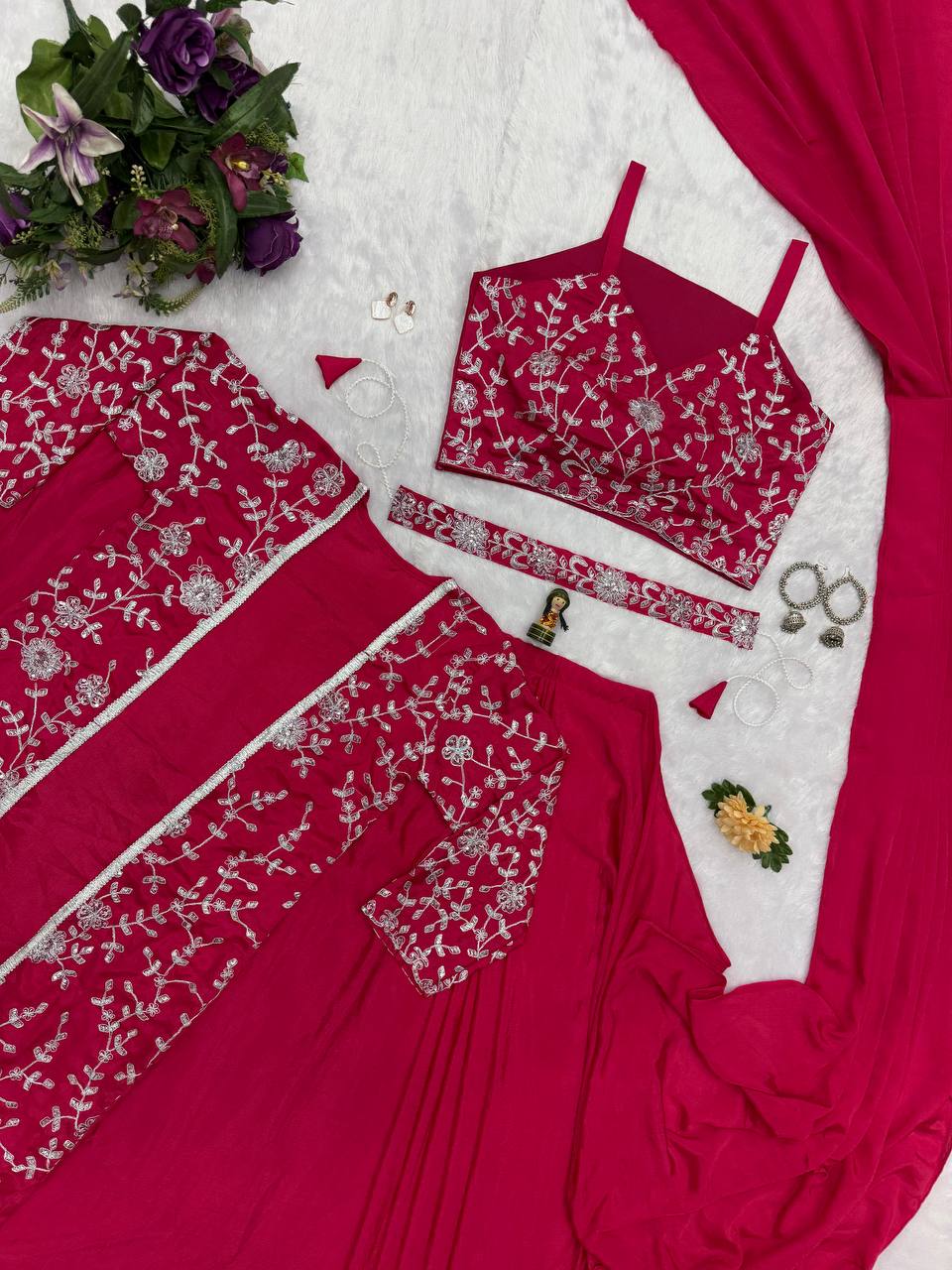 Superhit Red Color Chinon Silk Ready To Wear Saree With Pleats And Full Koti