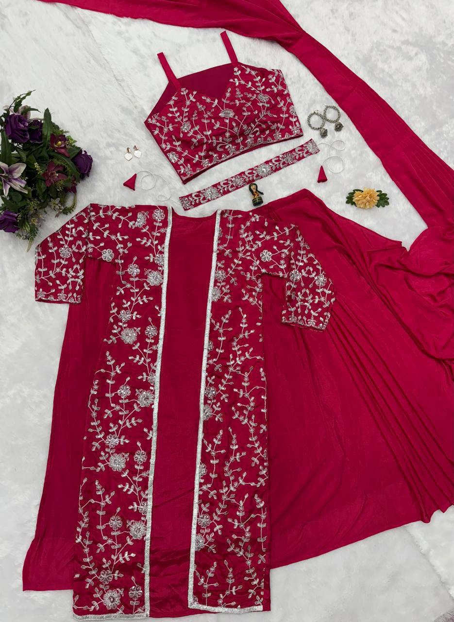 Superhit Red Color Chinon Silk Ready To Wear Saree With Pleats And Full Koti