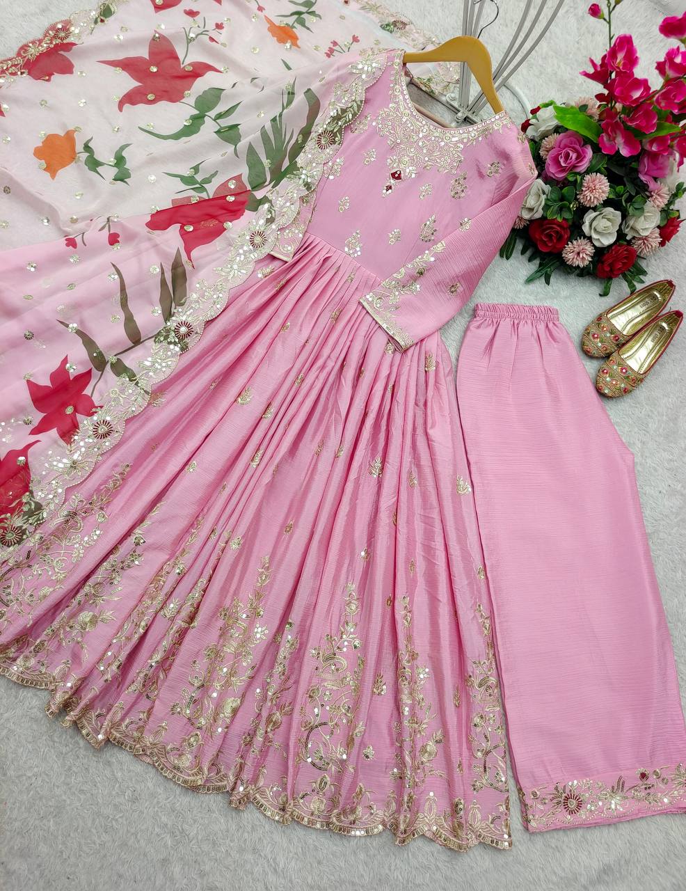 Occasion Wear Pink Color Pure Satin Silk With Heavy Embroidery Work Designer Gown