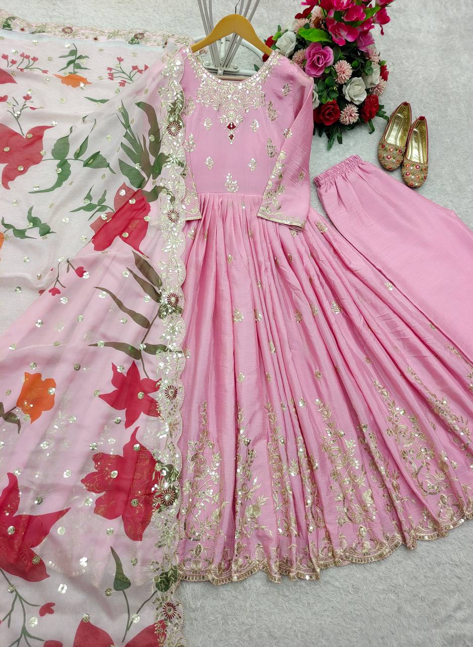 Occasion Wear Pink Color Pure Satin Silk With Heavy Embroidery Work Designer Gown