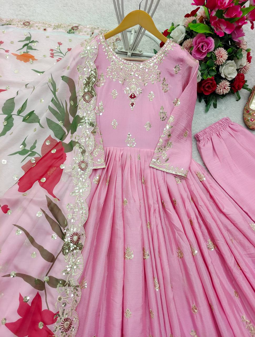 Occasion Wear Pink Color Pure Satin Silk With Heavy Embroidery Work Designer Gown