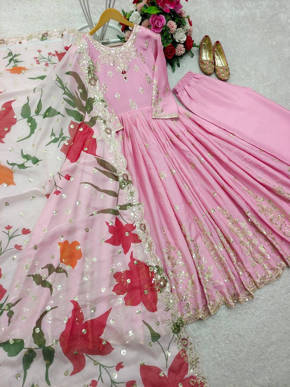 Occasion Wear Pink Color Pure Satin Silk With Heavy Embroidery Work Designer Gown