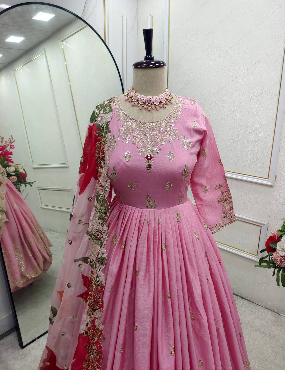 Occasion Wear Pink Color Pure Satin Silk With Heavy Embroidery Work Designer Gown