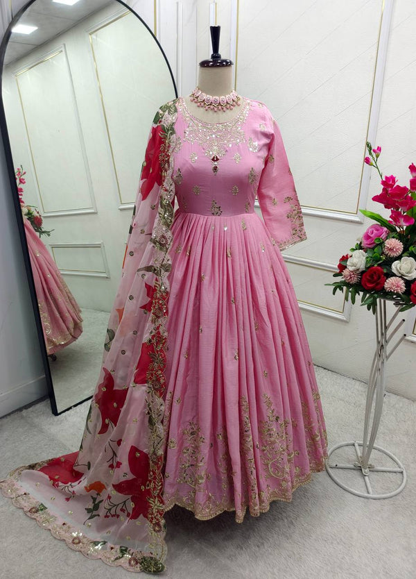 Occasion Wear Pink Color Pure Satin Silk With Heavy Embroidery Work Designer Gown