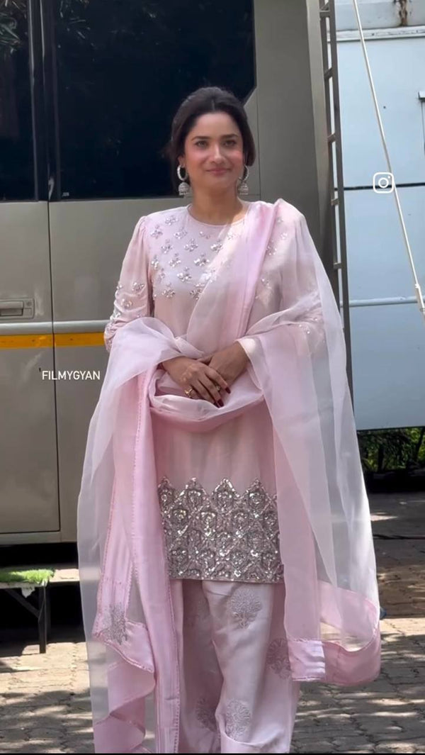 Exclusive Light Pink Color Pure Natural Crepe With Heavy Embroidery Sequence Work Salwar Suit