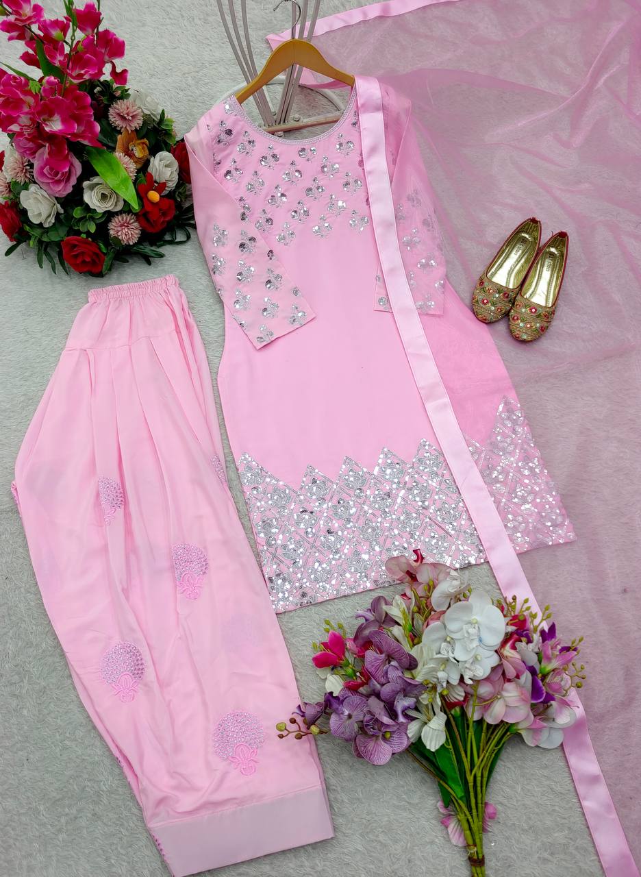 Exclusive Light Pink Color Pure Natural Crepe With Heavy Embroidery Sequence Work Salwar Suit