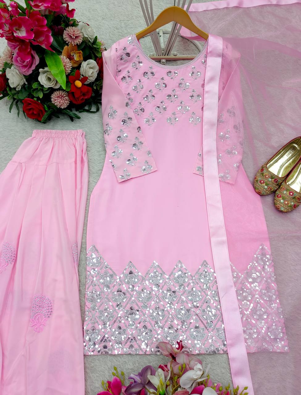 Exclusive Light Pink Color Pure Natural Crepe With Heavy Embroidery Sequence Work Salwar Suit