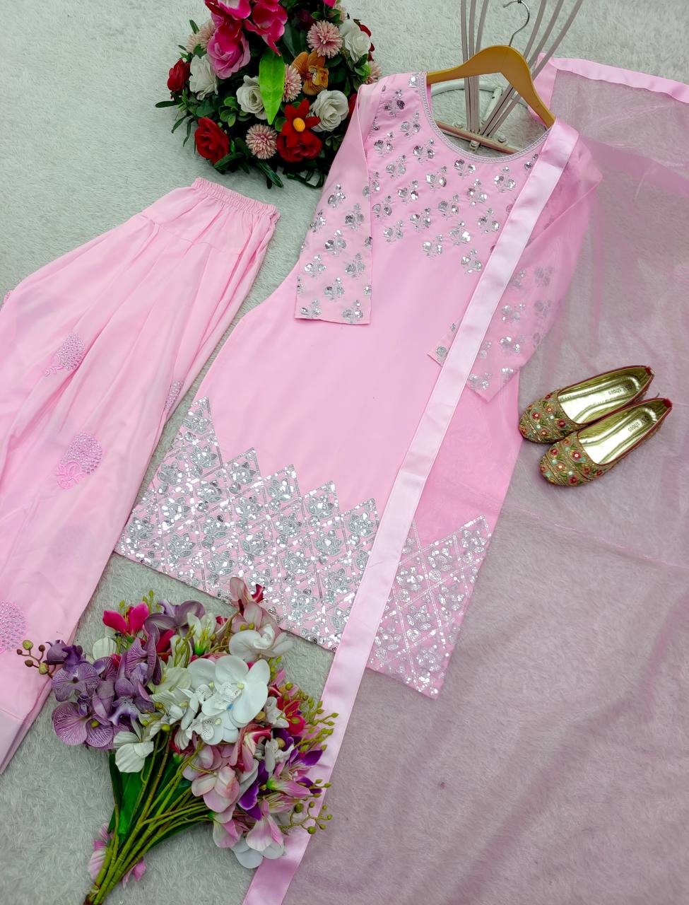 Exclusive Light Pink Color Pure Natural Crepe With Heavy Embroidery Sequence Work Salwar Suit