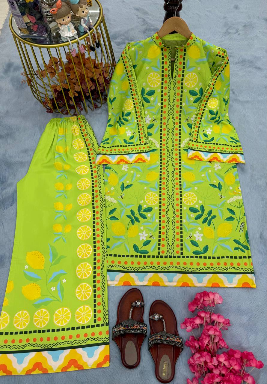 Festive Wear Green Color Pure Natural Crepe With Digital Printed Designer Palazzo Suit