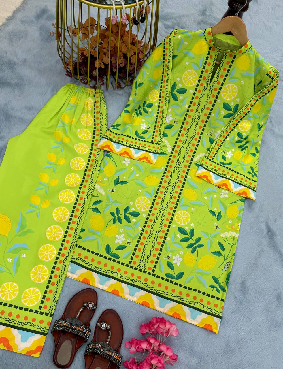 Festive Wear Green Color Pure Natural Crepe With Digital Printed Designer Palazzo Suit