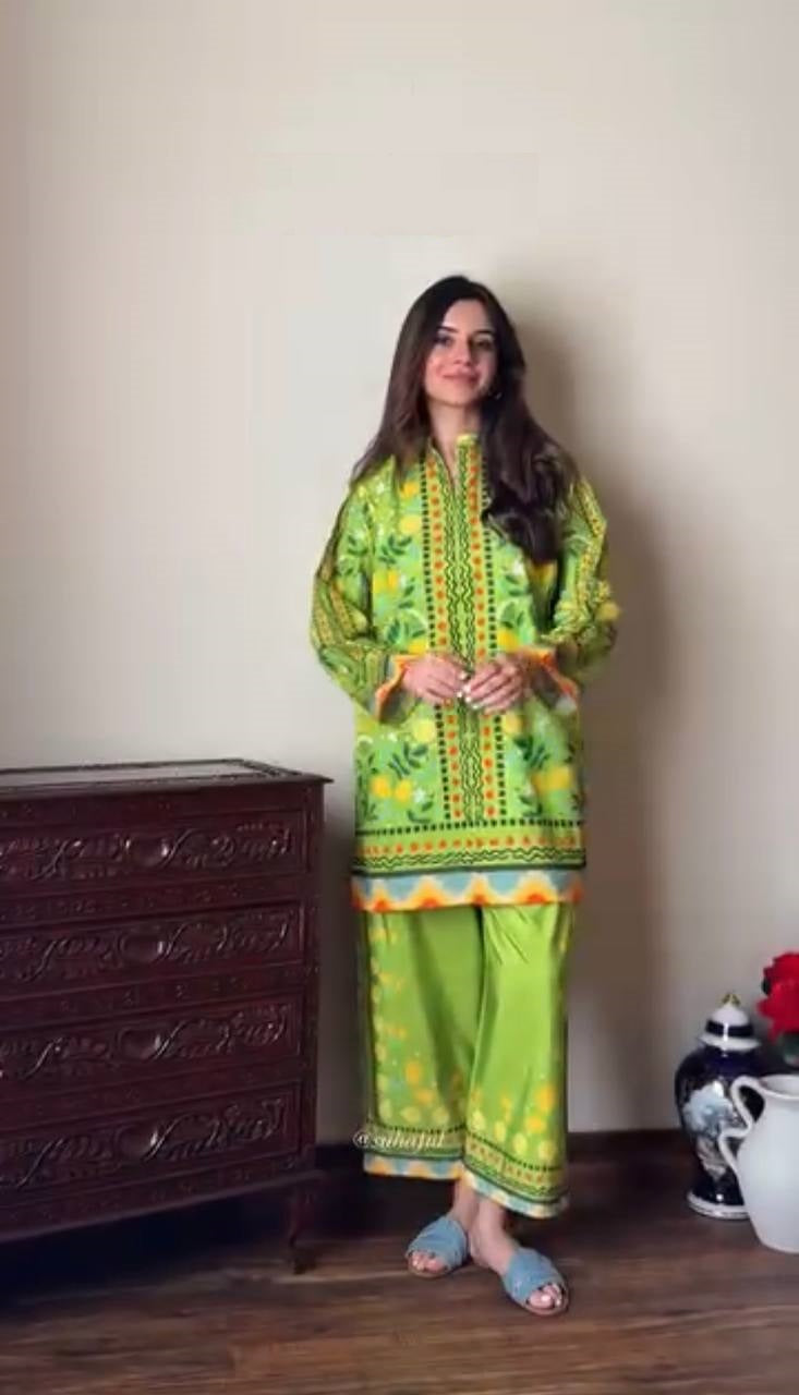 Festive Wear Green Color Pure Natural Crepe With Digital Printed Designer Palazzo Suit