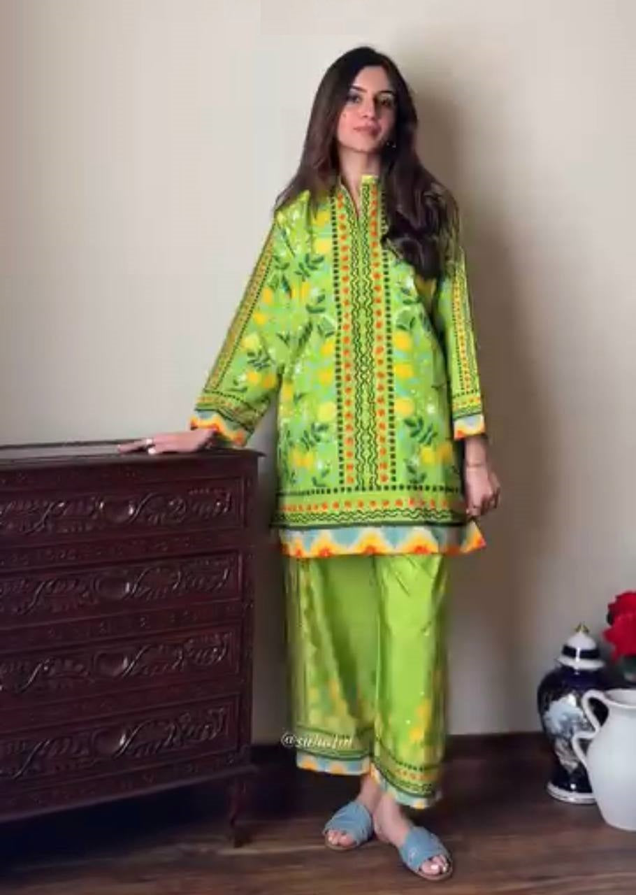 Festive Wear Green Color Pure Natural Crepe With Digital Printed Designer Palazzo Suit
