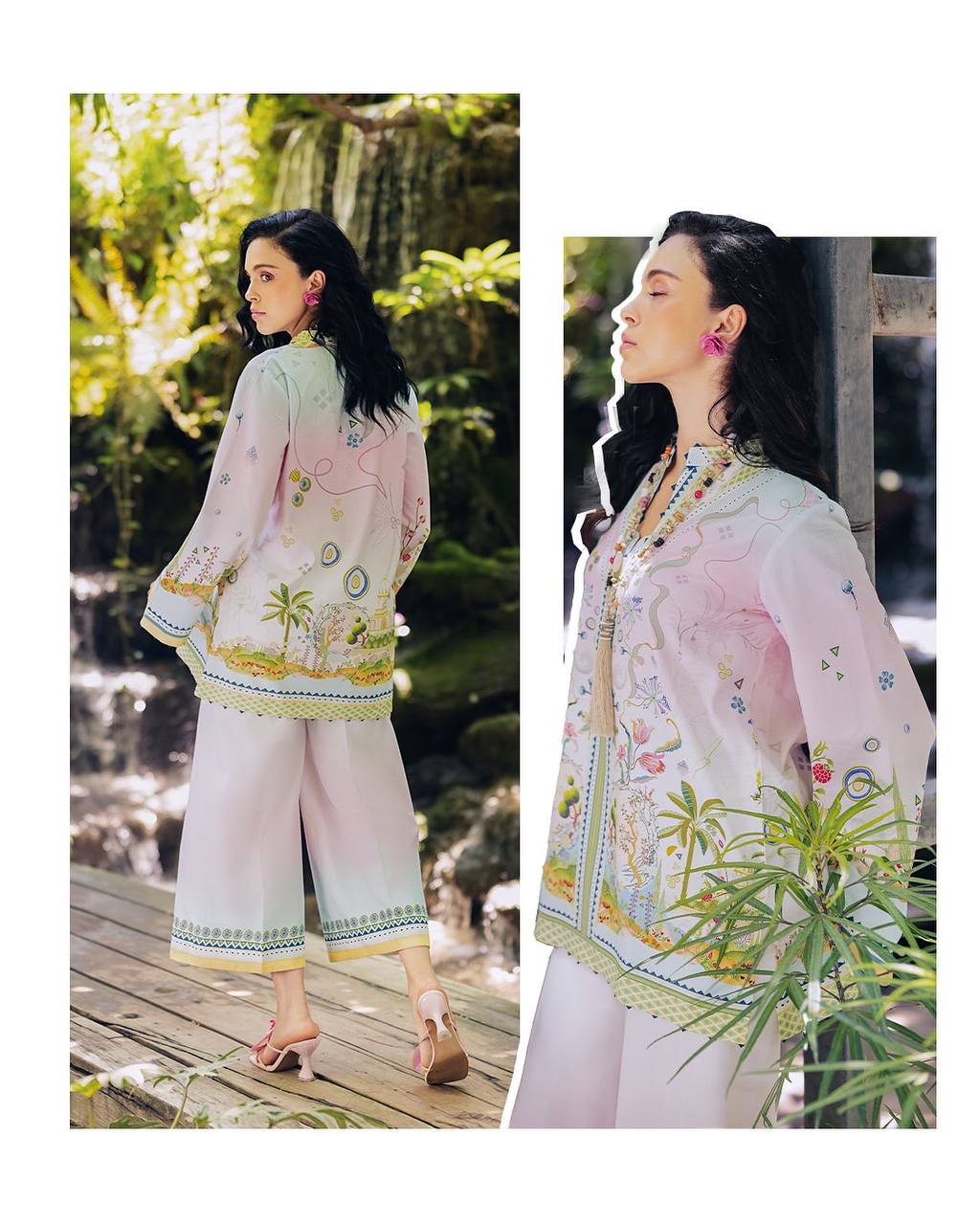 Festive Wear Cream Color Pure Natural Crepe With Digital Printed Designer Palazzo Suit