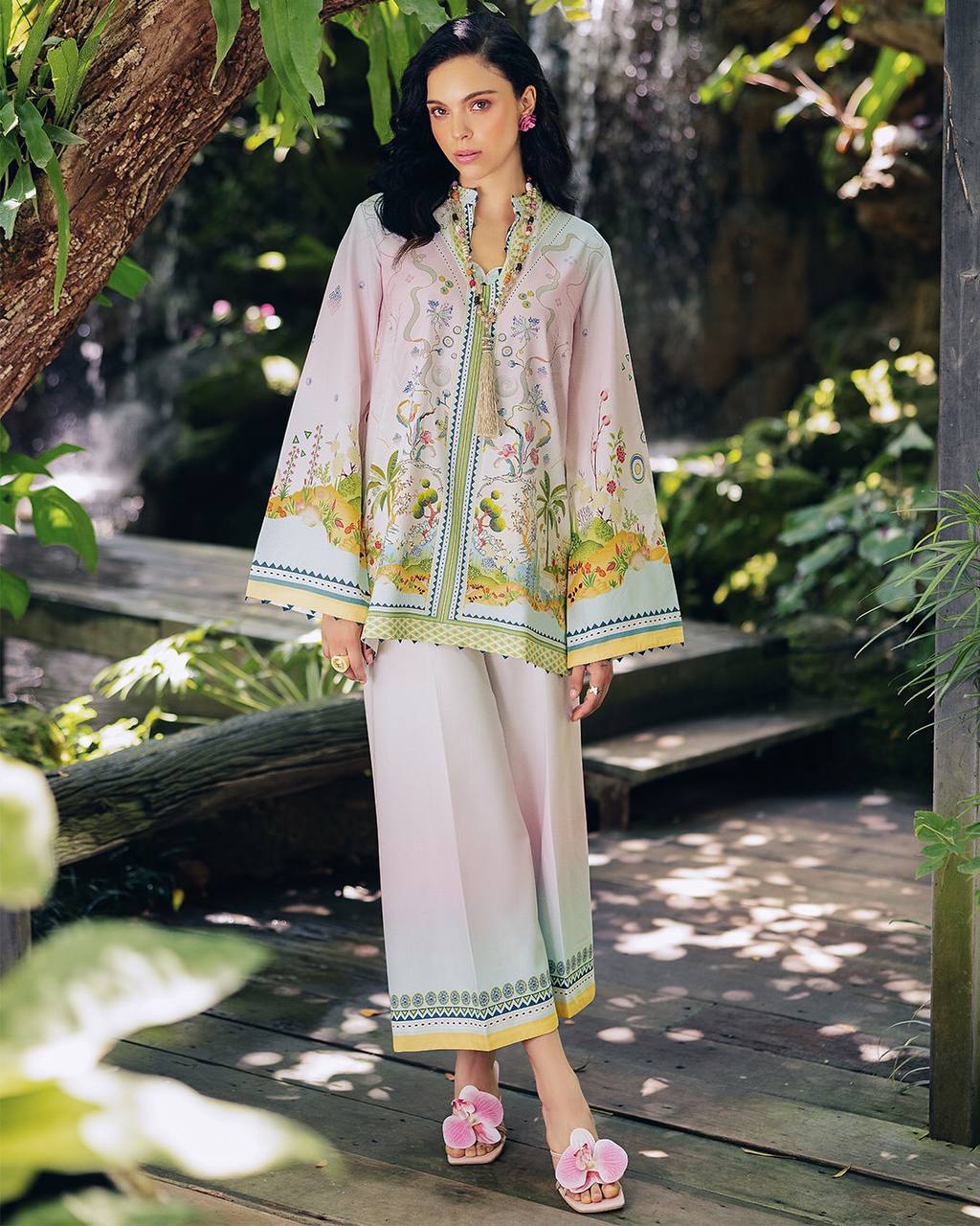 Festive Wear Cream Color Pure Natural Crepe With Digital Printed Designer Palazzo Suit