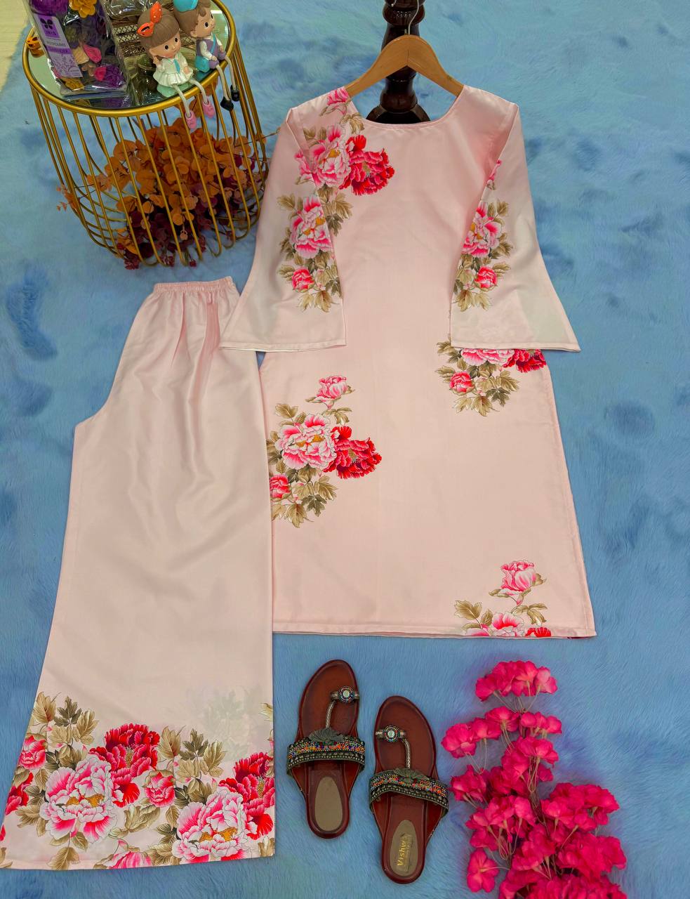 Festive Wear Peach Color Pure Natural Crepe With Digital Printed Designer Palazzo Suit