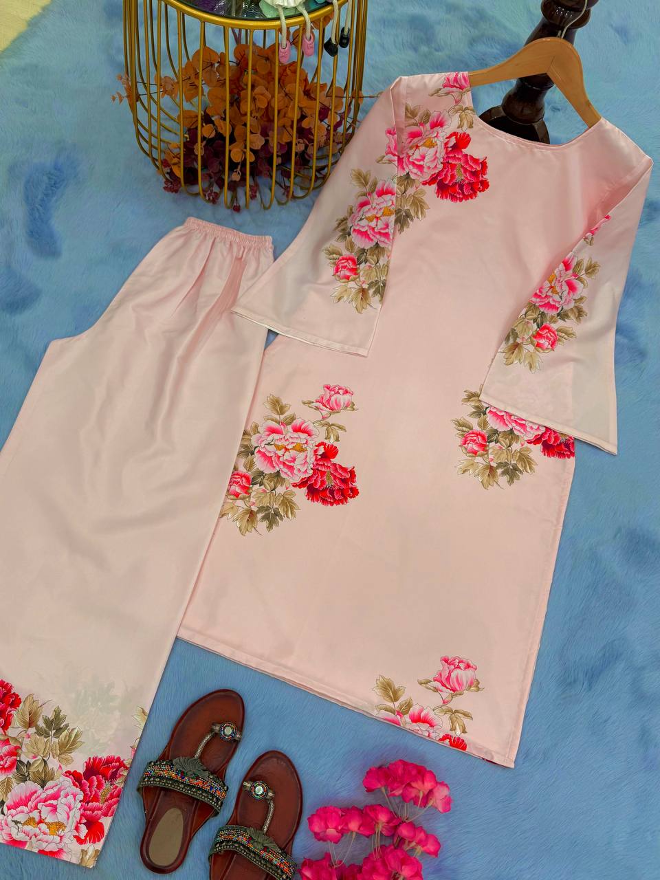 Festive Wear Peach Color Pure Natural Crepe With Digital Printed Designer Palazzo Suit