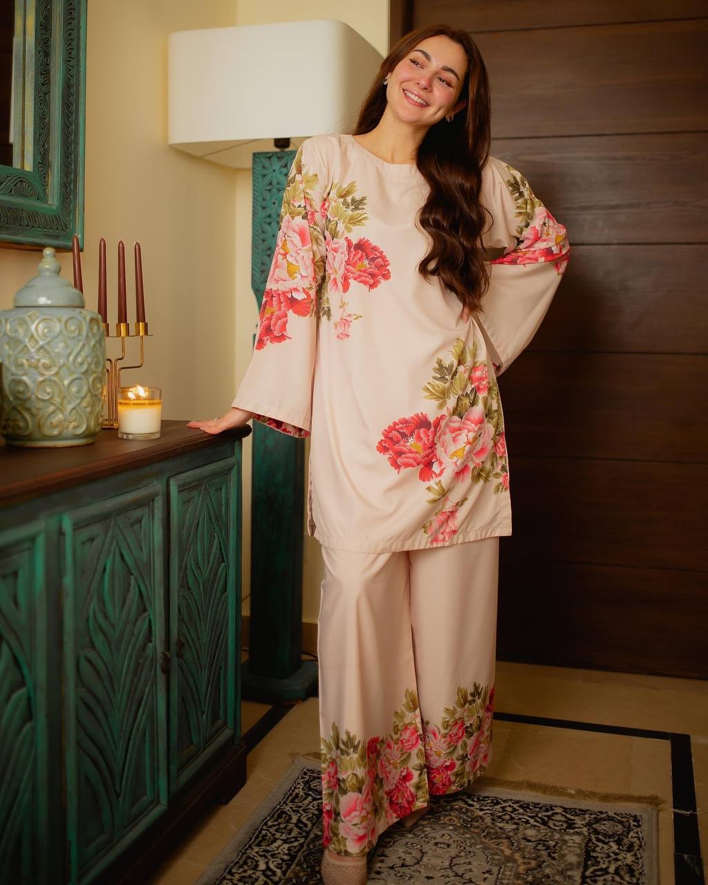 Festive Wear Peach Color Pure Natural Crepe With Digital Printed Designer Palazzo Suit