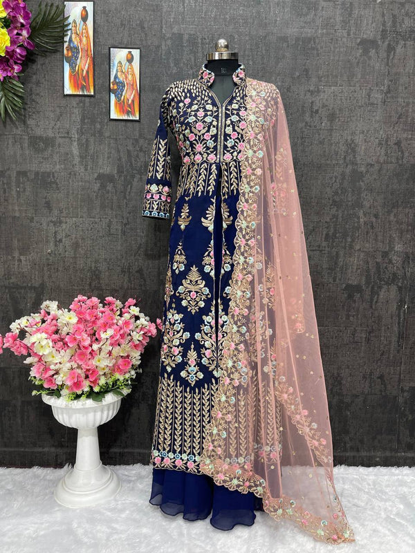 Captivating Blue Color Heavy Faux Georgette Embroidery Sequence Work Lehenga Suit
