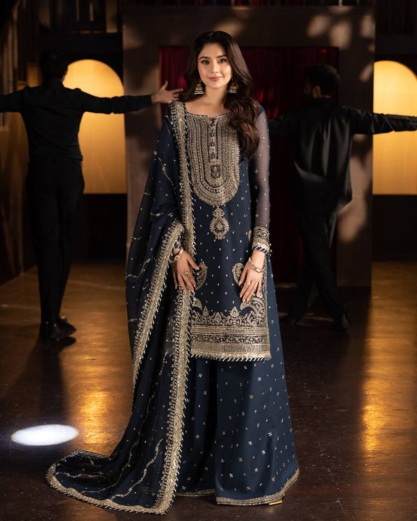 Bollywood Style Navy Blue Color Heavy Faux Georgette With Heavy Embroidery Sequence Work sharara Suit