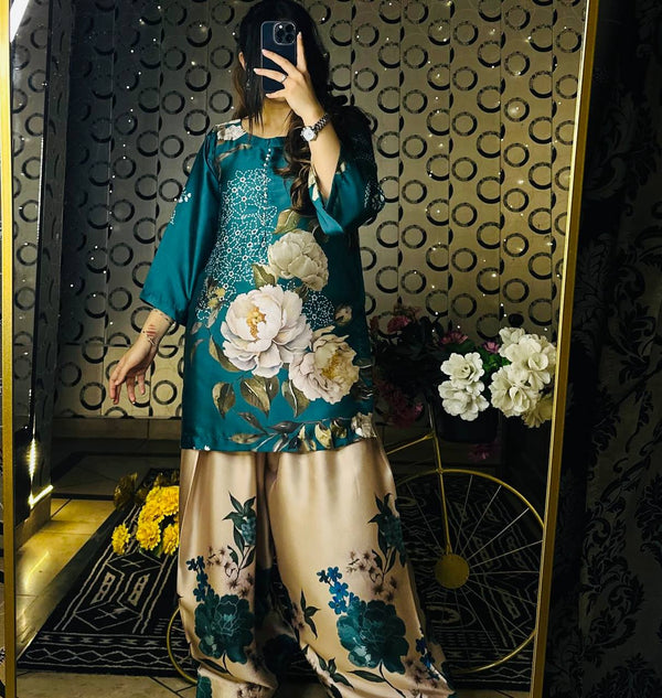 Festive Wear Pure Natural Crepe Silk With Digital Printed Beautiful Palazzo Suit
