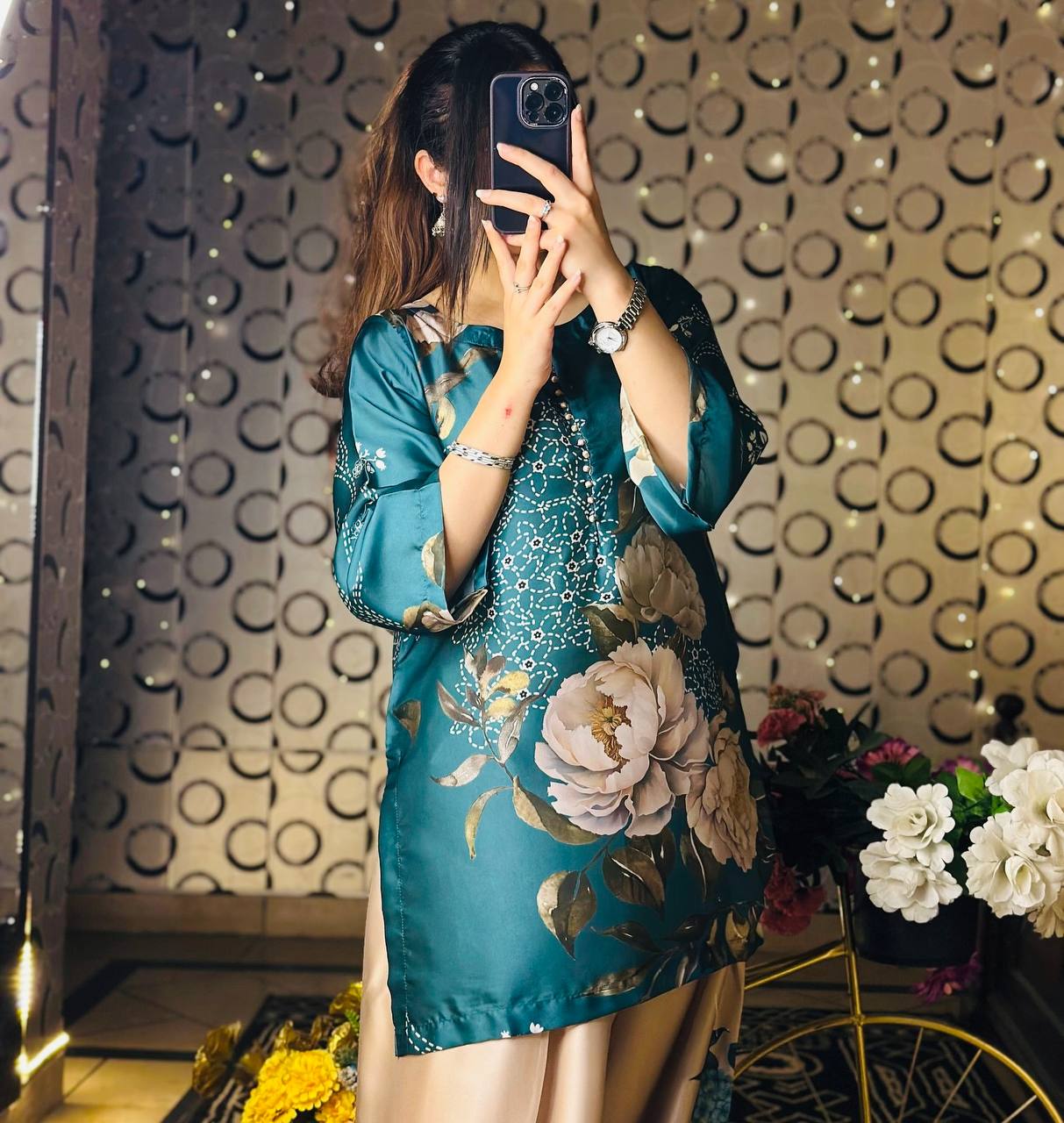 Festive Wear Pure Natural Crepe Silk With Digital Printed Beautiful Palazzo Suit
