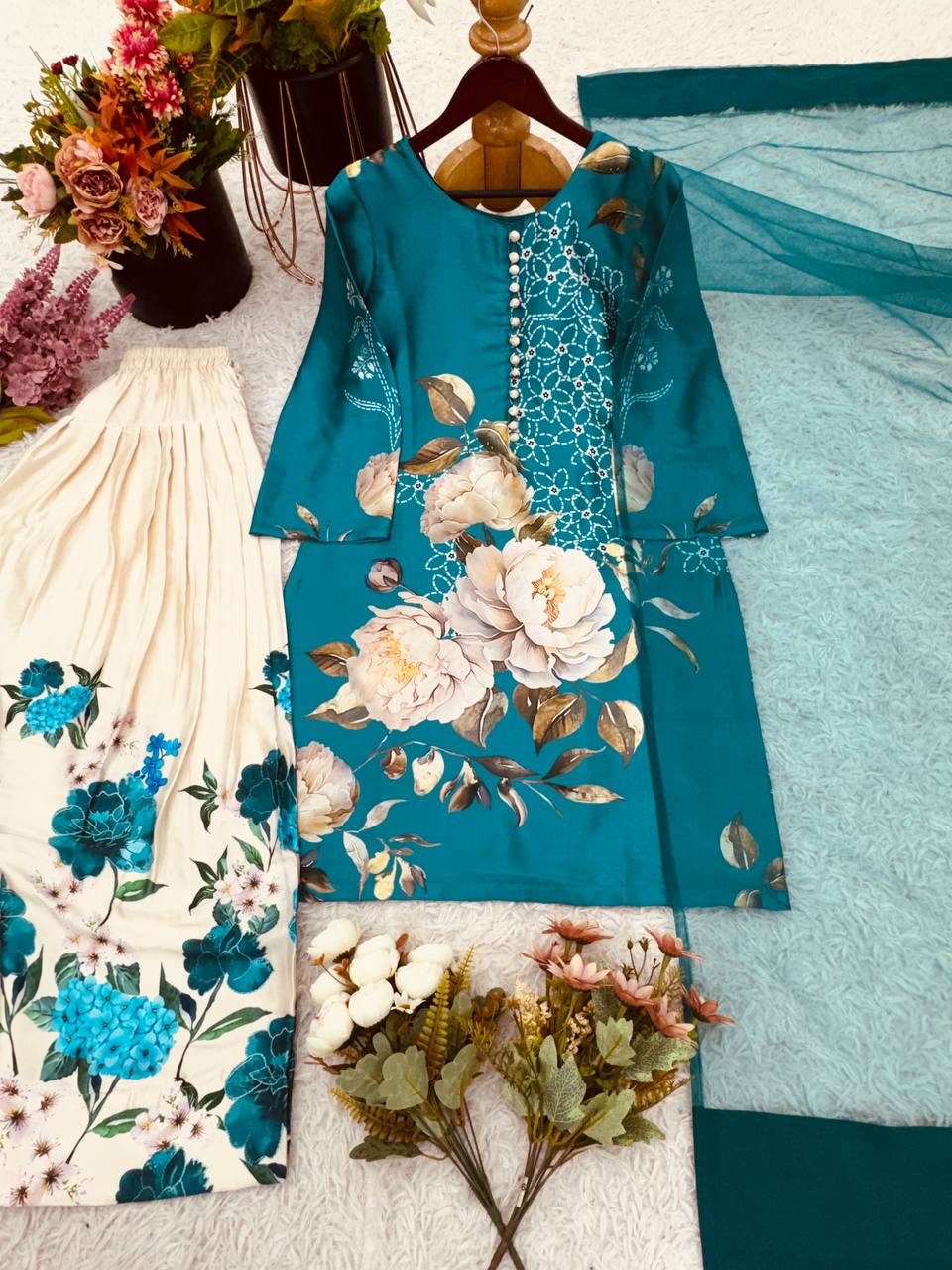 Festive Wear Pure Natural Crepe Silk With Digital Printed Beautiful Palazzo Suit