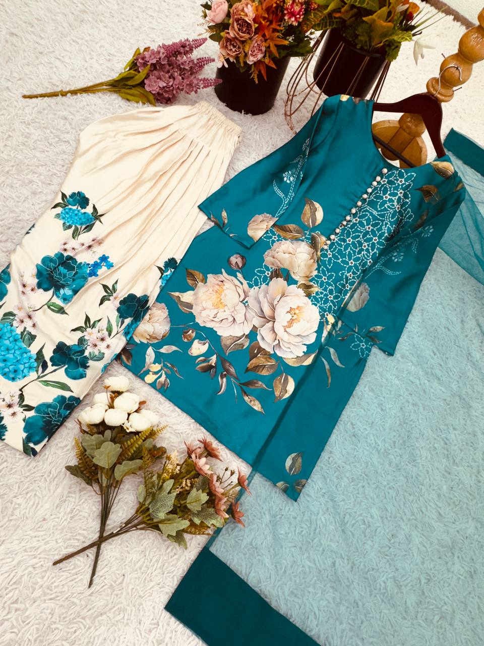 Festive Wear Pure Natural Crepe Silk With Digital Printed Beautiful Palazzo Suit