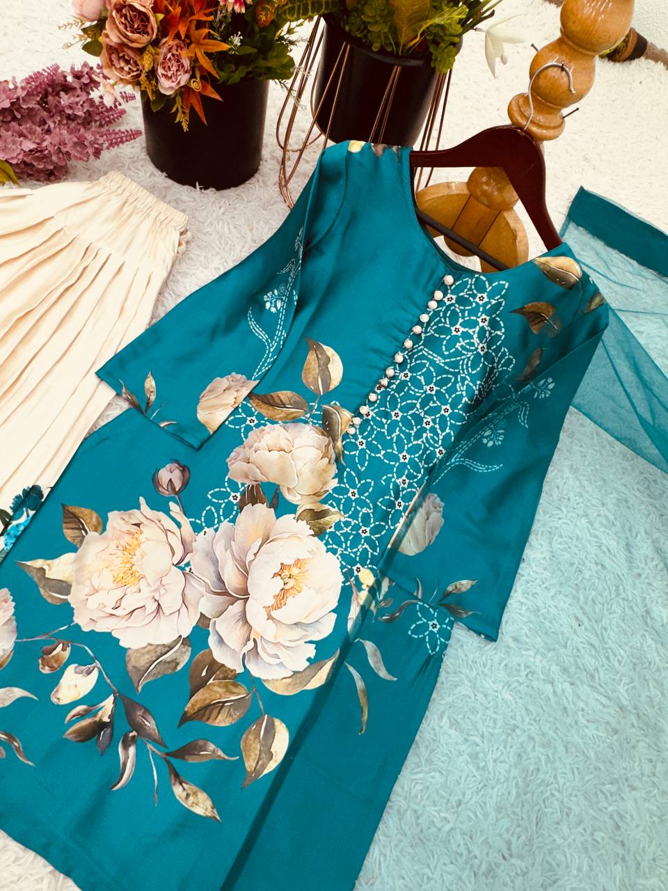 Festive Wear Pure Natural Crepe Silk With Digital Printed Beautiful Palazzo Suit