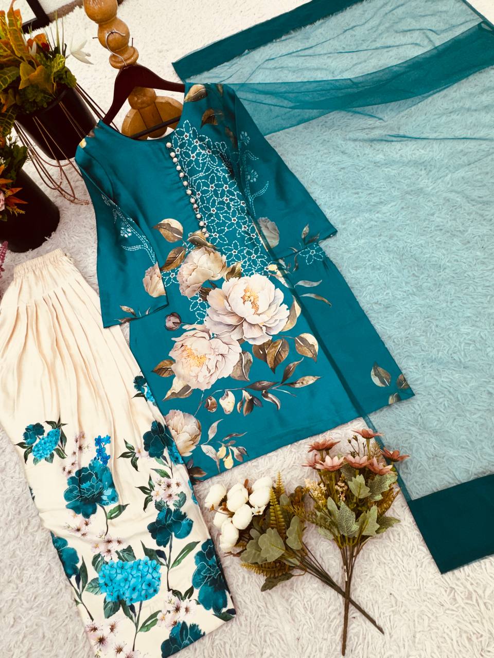Festive Wear Pure Natural Crepe Silk With Digital Printed Beautiful Palazzo Suit