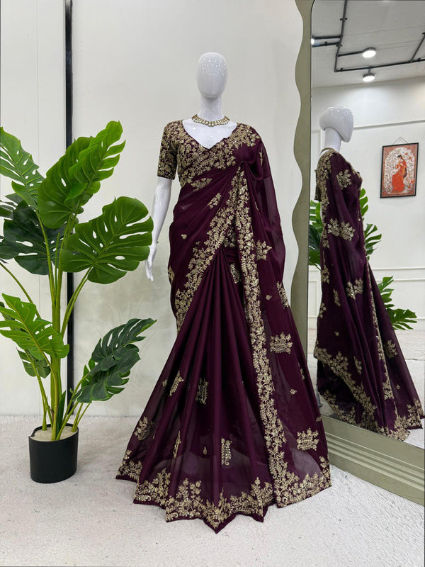 Party Wear Wine Color Rangoli Silk And Coding With Sequence Work Saree