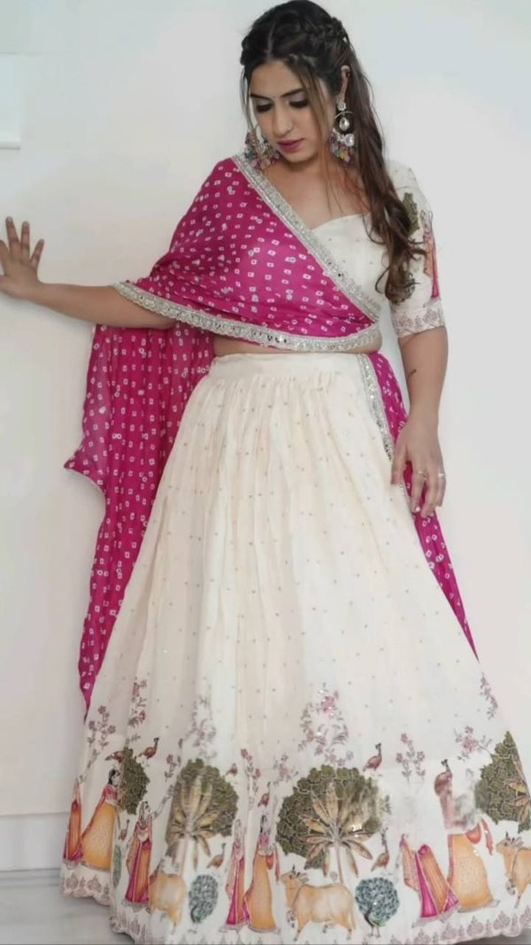 Exclusive White Color Dola Silk And Foil Work With Mill Printed Lehenga Choli