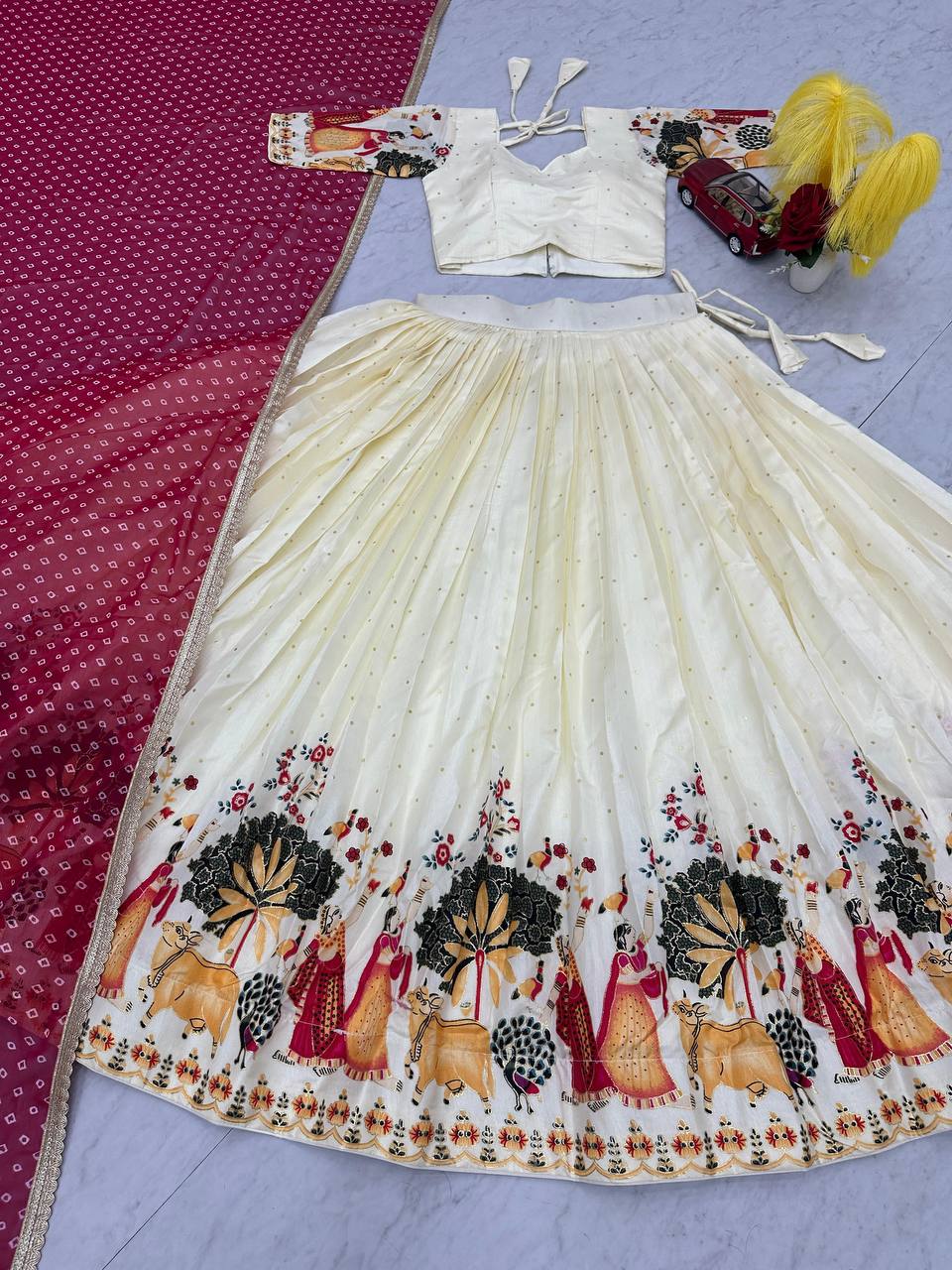 Exclusive White Color Dola Silk And Foil Work With Mill Printed Lehenga Choli