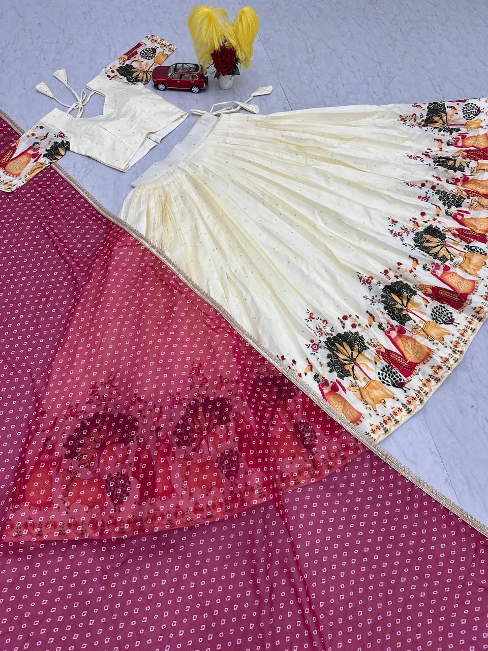 Exclusive White Color Dola Silk And Foil Work With Mill Printed Lehenga Choli