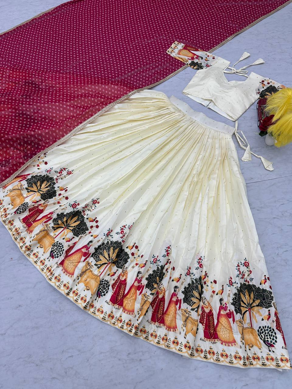 Exclusive White Color Dola Silk And Foil Work With Mill Printed Lehenga Choli