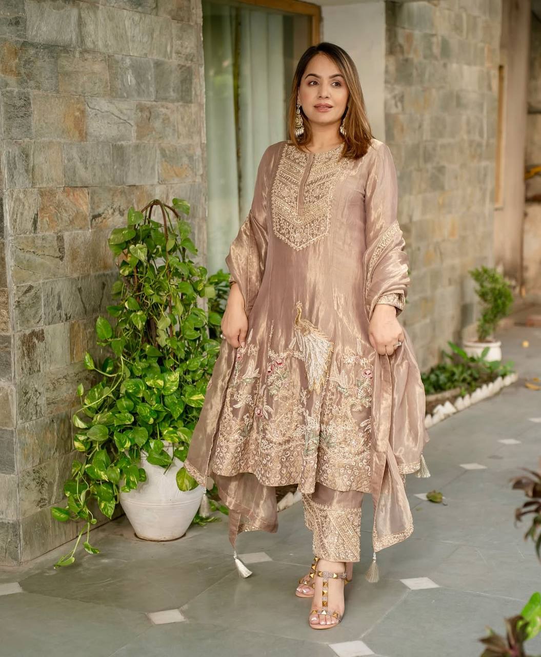Bollywood Style Beige Color Fandy Silk With Heavy Embroidery Sequence Work Anarkali Suit