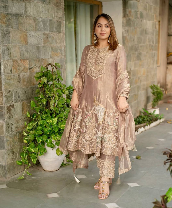 Bollywood Style Beige Color Fandy Silk With Heavy Embroidery Sequence Work Anarkali Suit