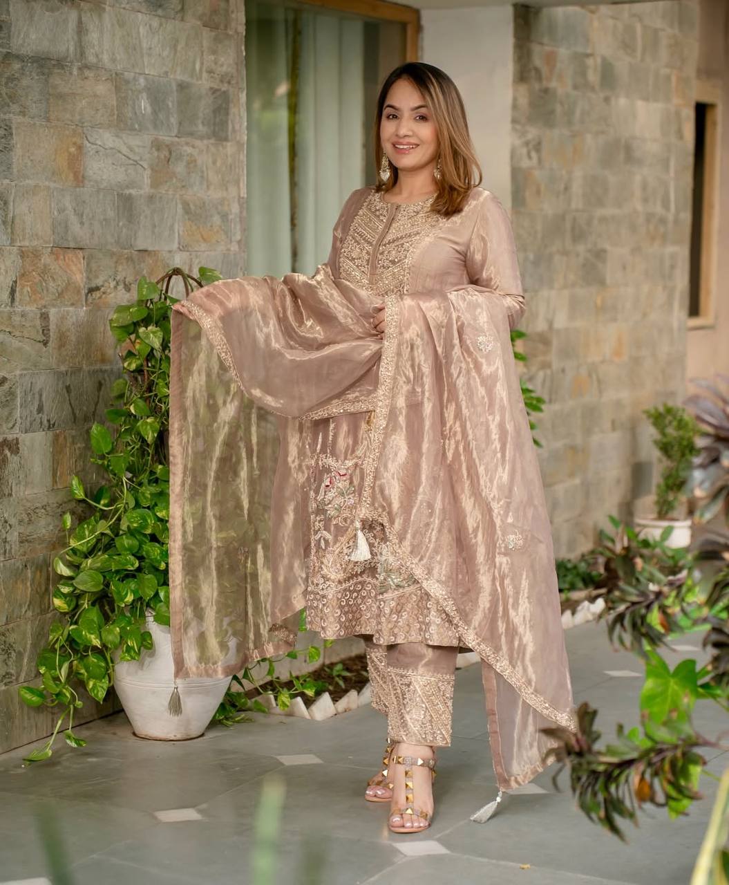Bollywood Style Beige Color Fandy Silk With Heavy Embroidery Sequence Work Anarkali Suit