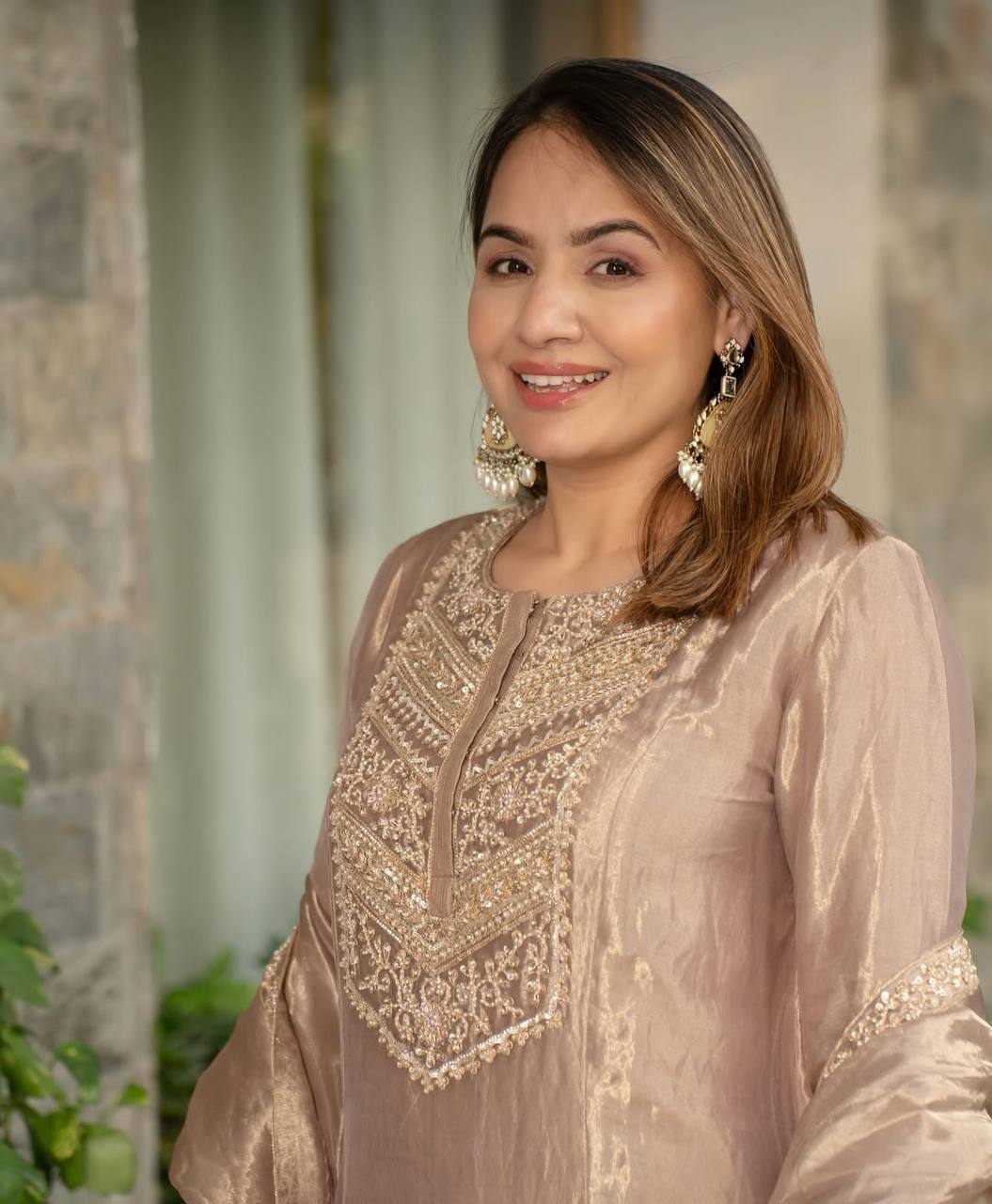 Bollywood Style Beige Color Fandy Silk With Heavy Embroidery Sequence Work Anarkali Suit