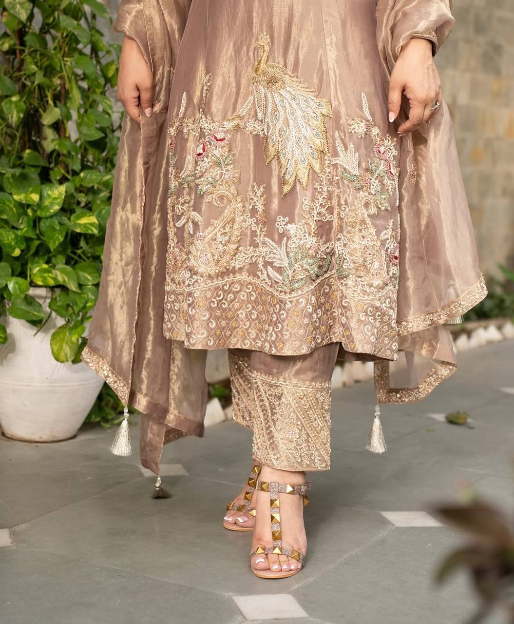 Bollywood Style Beige Color Fandy Silk With Heavy Embroidery Sequence Work Anarkali Suit