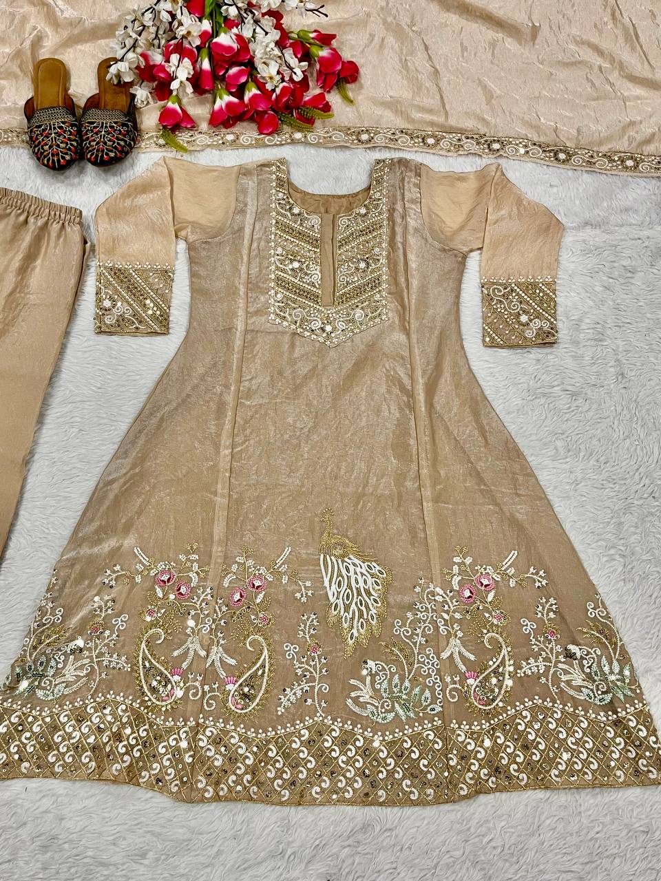 Bollywood Style Beige Color Fandy Silk With Heavy Embroidery Sequence Work Anarkali Suit